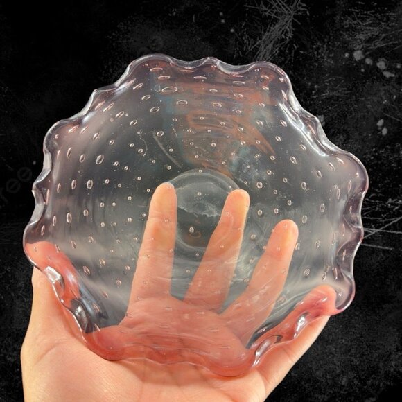 Hand Blown Art Glass Dish Bowl Ruffled Edges Purple Amethyst Glass Bullicante - Picture 5 of 9